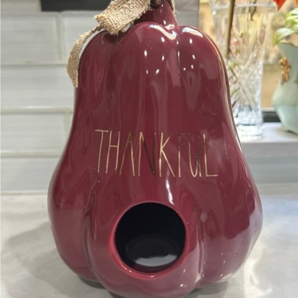 Rae Dunn Ceramic 8in Burgandy Thankful Fall Gourd Birdhouse